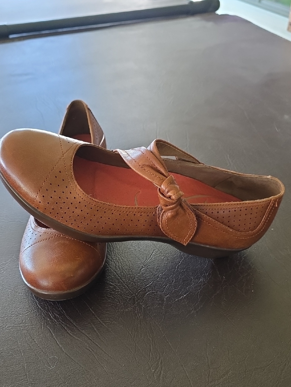 Dansko Brown Leather Mary Jane Flats with Knotted Cross Strap - Picture 3 of 8